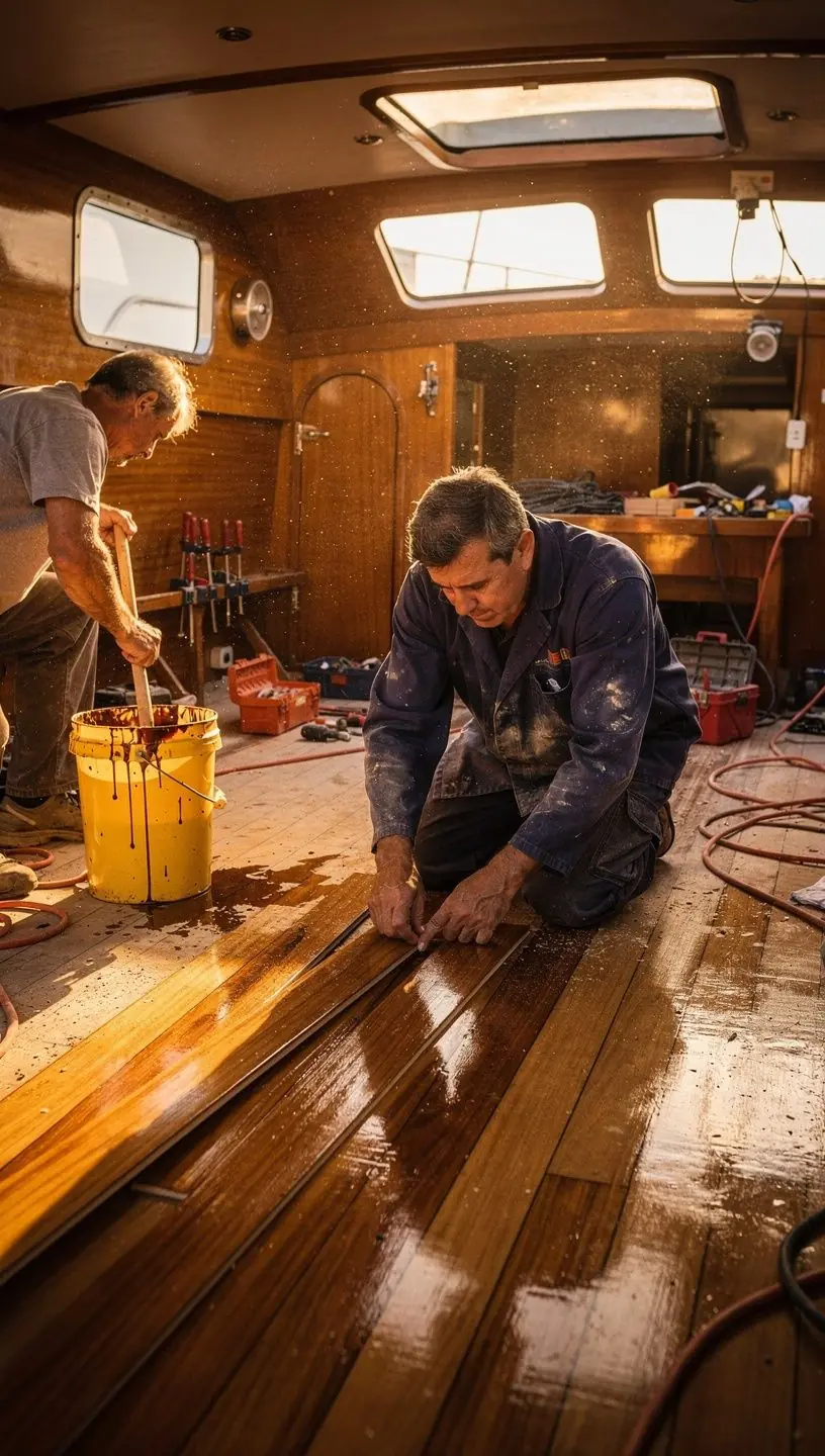 Jūras kuģu remonta darbnīca ar speciālistiem, kas strādā pie stiklašķiedras remontdarbiem.